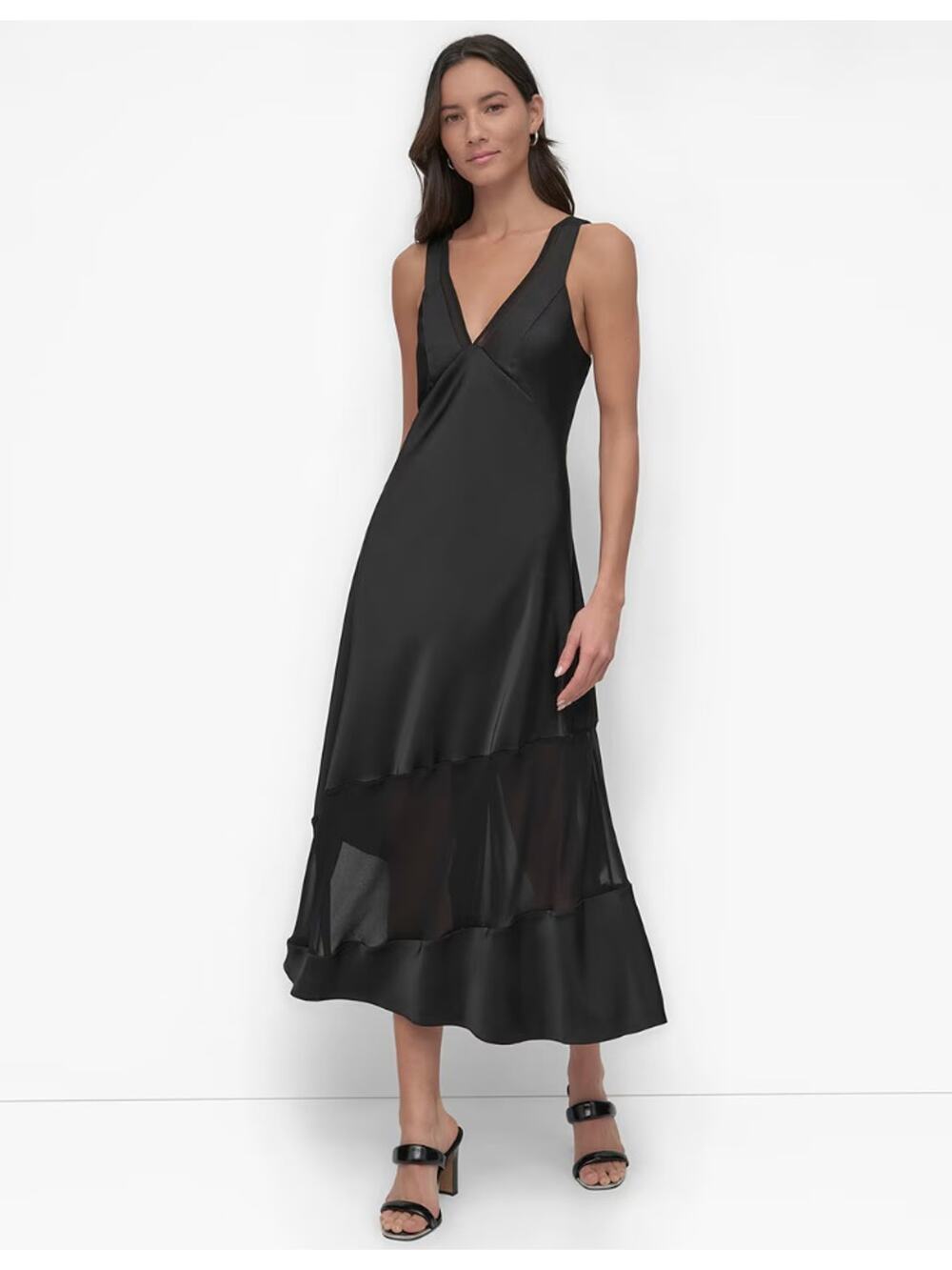DKNY Women Black Sleeveless V-Neck Mesh Panel Evening Slip Midi Dress Size 2